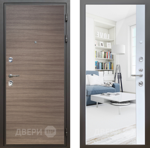 Входная металлическая Дверь Шелтер (SHELTER) Комфорт Дуб тоскано поперечный 14 с зеркалом Белый матовый в Электростали