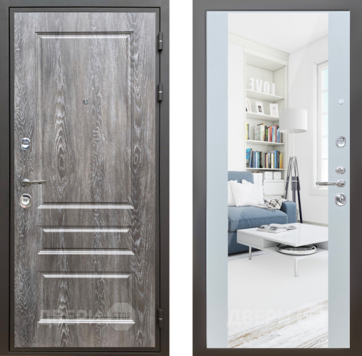 Входная металлическая Дверь Шелтер (SHELTER) Комфорт Дуб шале серебро 13 с зеркалом Белый матовый в Электростали