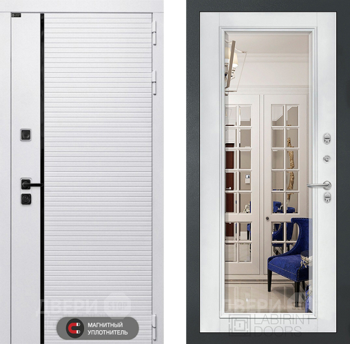 Входная металлическая Дверь Лабиринт (LABIRINT) Royal Зеркало Фацет с багетом Белый софт в Электростали