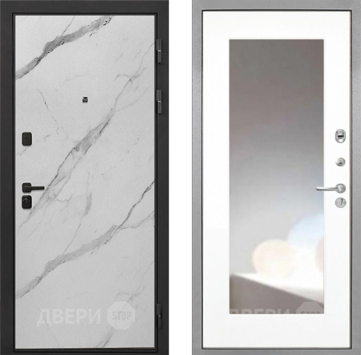 Входная металлическая Дверь Интекрон (INTECRON) Профит Black Мрамор Арктик ФЛЗ-120-М Зеркало Белый матовый в Электростали